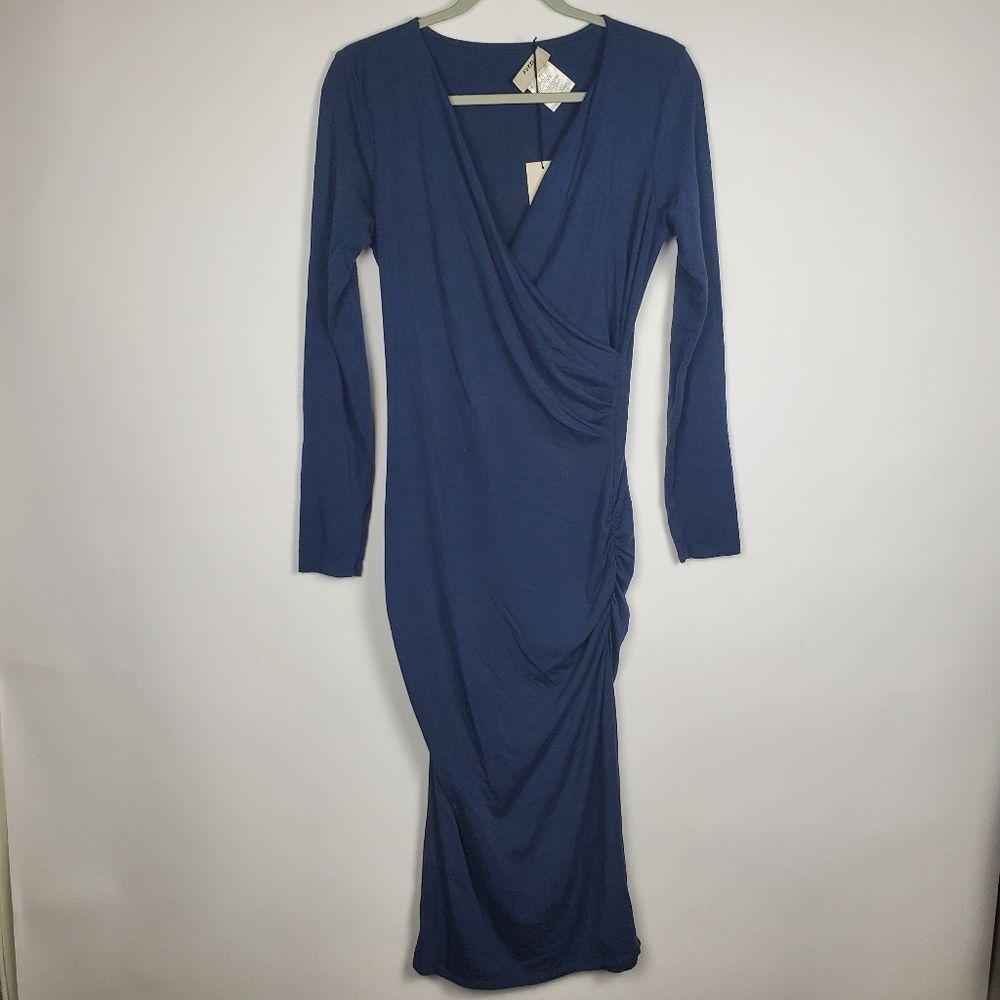 FUZZI Dark Ness Dress Tulle Mesh 3/4 Sleeve Ruched Wide V Neck Side Shirred